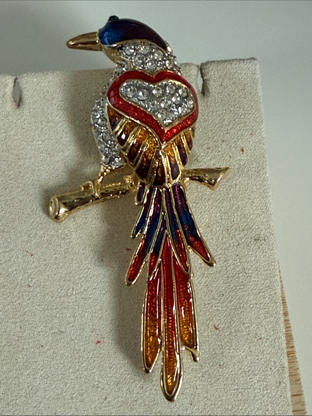 Stunning Enamel & Rhinestone Parrot Brooch in Red, Blue & Gold bold statement